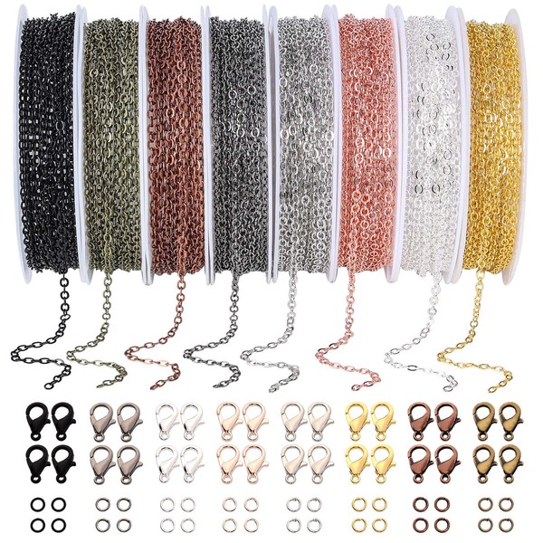 PP OPOUNT 80 Feet Necklace Chains Roll, 8 Colors Jewelry Making Chains 2 mm Metal Chains with Open Jump Rings and Lobster Clasps for Jewelry Making DIY Necklace Bracelet Anklet