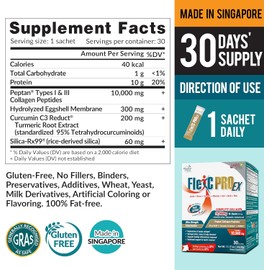 LABO Nutrition FlexC PRO EX con péptido de colágeno tipo I, II y III, sílice soluble en agua orgánica y curcumina C3 reducto, para articulaciones, huesos, músculos, uñas, salud de la piel, sin sabor, sin aditivos