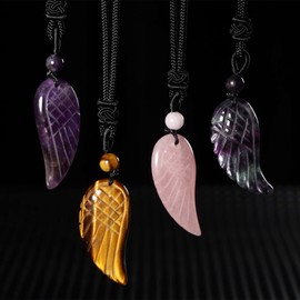 Nupuyai Amethyst Angel Wing Crystal Necklace for Women Men, Carved Reiki Healing Stone Pendant with Adjustable Cord 62cm