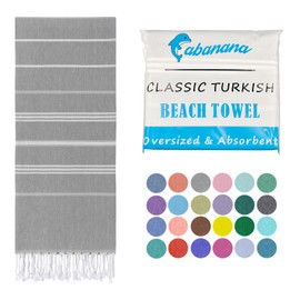 cabanana Cotton Turkish Beach Towel - Lightweight Peshtemal Towel, Sand Free Turkish Towel for Beach, Bath, Pool, Travel, Quick Dry Oversized Prewashed Hammam Towel (New Grey)