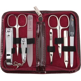 3 Swords Germany - brand quality 8 piece manicure pedicure grooming kit set scissors clipper burgundy synthetic leather case in gift box - Made in Germany