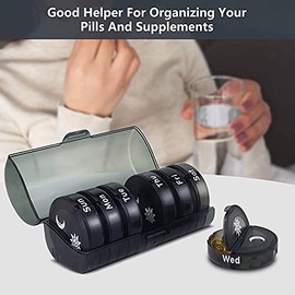 Pastillero Semanal 7 Dias,Pastillero Portátil Viaje Resistente al agua,Organizador de Medicamentos con 14 Compartimentos para Vitaminas, Aceites de Pescado,Suplemento - Negro