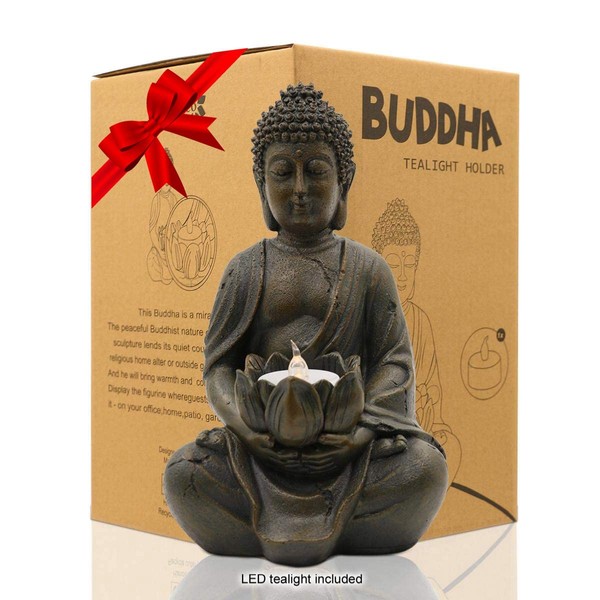 Goodeco Meditating Buddha Statue Sitting Sculpture Decor Tealight Holder/candle holder,Buddha figurine with LED Tea light -Gifts Decor for Home, Patio Decoration Polyresin,Antique bronze look 20CM