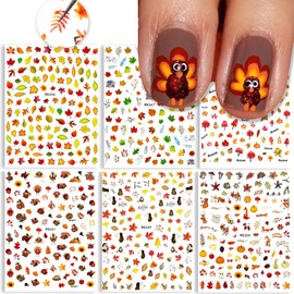 Fall Nail Stickers Thanksgiving Autumn Nail Art Decoration Supplies Fall Maple Leaves Thanksgiving Turkey Design Yellow Nail Decal 3D Self-Adhesive for Women DIY Acrylic Nail Decorations 6sheets (C)