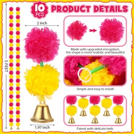 Riceshoot 10 Pcs Marigold Garland for Decoration Diwali Decor 5 Ft Long Artificial Marigold Flowers with Golden Bell Indian Garland for Pooja Wedding Events Day of The Dead Decor (Yellow and Purple)