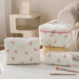 Bow Makeup Bag,Embroidered Makeup Bag | Toiletry Corganizer Large Cosmetic Pouch for Travel Daily Commute Trip Dorm Hotel Home Girls Women Vanity Morning