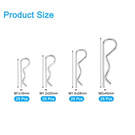 sourcing map 100Pcs 4 Sizes 304 Stainless Steel R Shaped Spring Cotter Pins Set, R Clips Cotter Pin Spring Fastener for Household Appliances, Sports Equipment, Car Mechanics Repair (Silver)