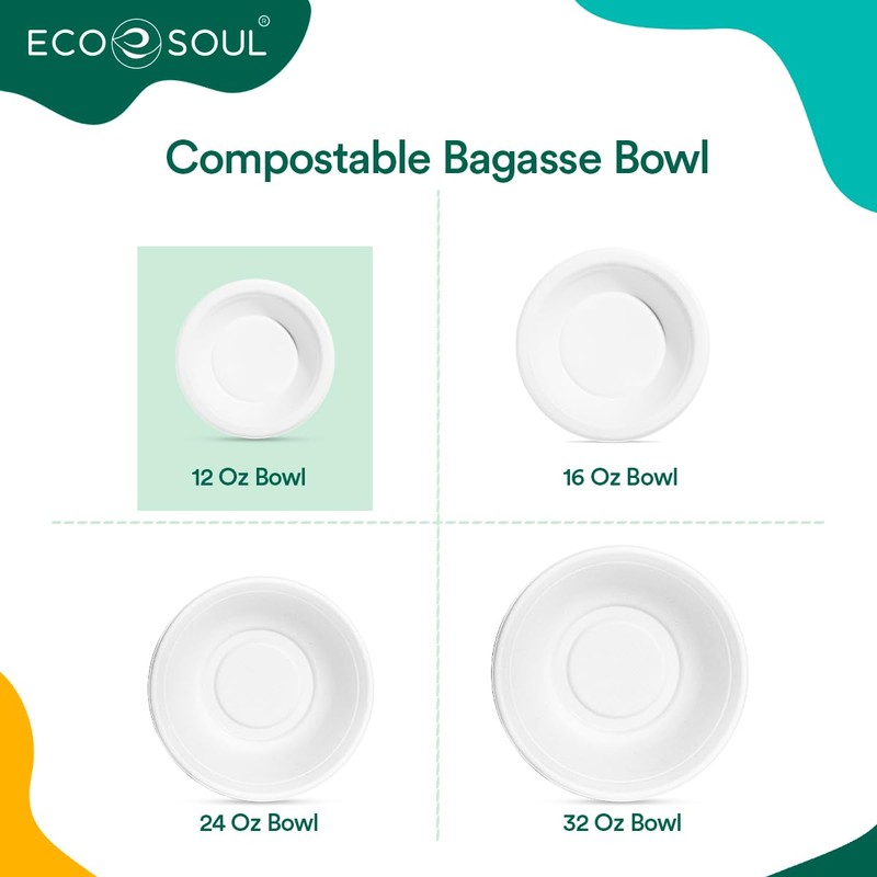ECO SOUL Pearl White 12 Oz [100-Pack] Bagasse Paper Bowls