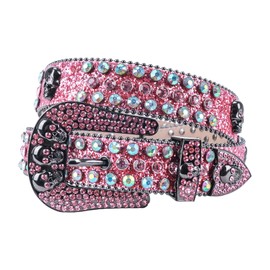 TINIDI Western Men Women Rhinestone Belts Bling Crystal Skulls Studded Diamond Leather Belt For Pants Jeans (50: fits waist from 38"-40", Pink)