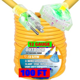 Pizety 100 ft Extension Cord 12/3 SJTW – Heavy Duty Outdoor/Indoor Yellow Cord, 3 Outlet Lighted Ends, 12 Gauge, 15 Amp, 1875W, Weather & Flame Resistant, Flexible Cold Rated -35°F