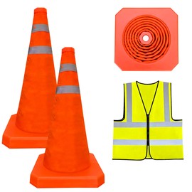 18 Inch 2 Pack Collapsible Traffic Safety Cones,Included a Reflective Vest, Multi Purpose Pop-up Cones with Reflective Collar for Road Safety, Orange Cones for Driving Training, Parking Lots