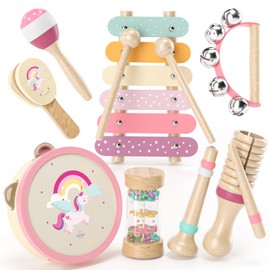 Baby Musical Instruments for Toddlers 1-3, Montessori Wooden Toys for 1 Year Old, Xylophone Maracas Percussion Set with Storage Bag, Learning Toys for Boys Girls Age 2-4, Christmas Birthday Gift, Pink