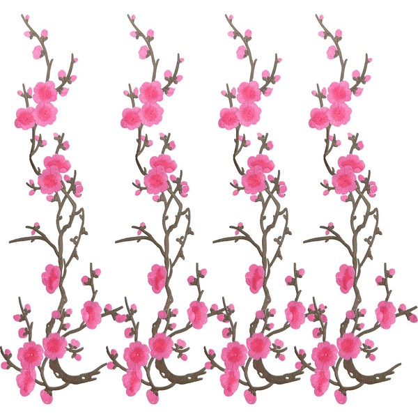 4PCS Pink Plum Flower Embroidery Patches,Iron on Applique Embroidery Decorative
