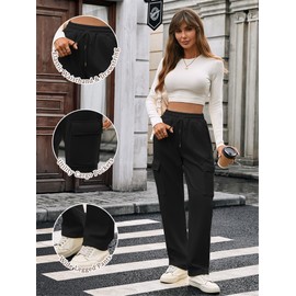 YloveM Women's Fleece Lined Wide Leg Joggers Winter Warm Tracksuit Bottoms with Pockets High Waisted Sweatpants for Running Black XL