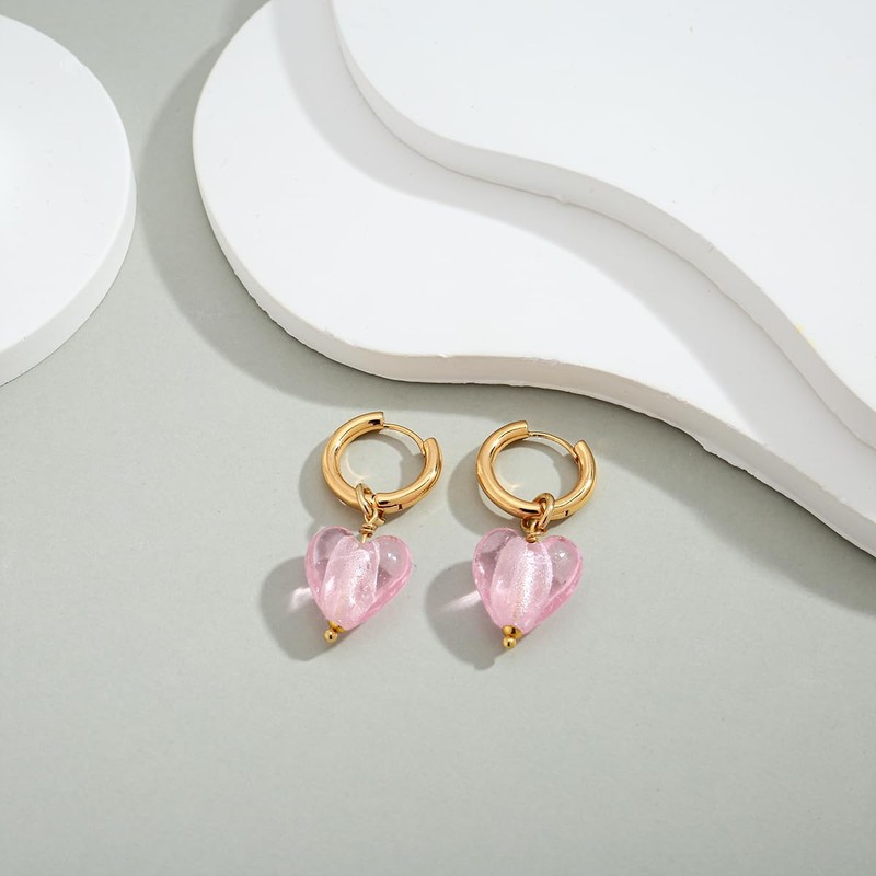 INNERDIVA Pink Heart Earrings, Gold Hoop Earrings with Pink Heart