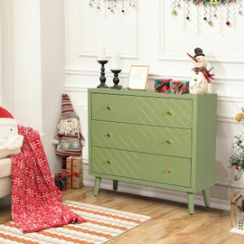 HXZDZ 3 Drawer Dresser for Bedroom, Mid Century Modern Chest of Drawers, Wood Large Nightstand, Hand-Painted Gold Trim Side Table, Storage Cabinet Organizer with Drawers for Living Room, Green