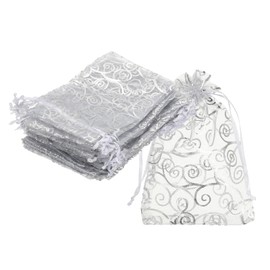 MECCANIXITY Organza Bags, 100Pcs 3.1x4.3 Inch Candy Mesh Bag with Drawstring Jewelry Gift for Party Favor Pouch Christmas Wedding Festival Small Gift, White-Silver