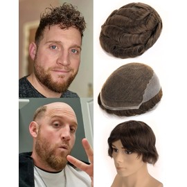 BEEOS Skinlike Real HD Lace Q6 Base Toupee for Men, 8x10 Inch Thin Skin Back and Side with Lace Front Indian Remy Human Hair Piece, Hair Replacement System #7 Light Brown