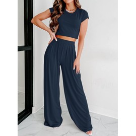 Ezbelle Womens Summer Casual Two Piece Outfit Lounge Set Crew Neck Short Sleeve Crop Tops and Pockets Long Pants Tracksuit Sweatsuits 2024 Navy Blue Large