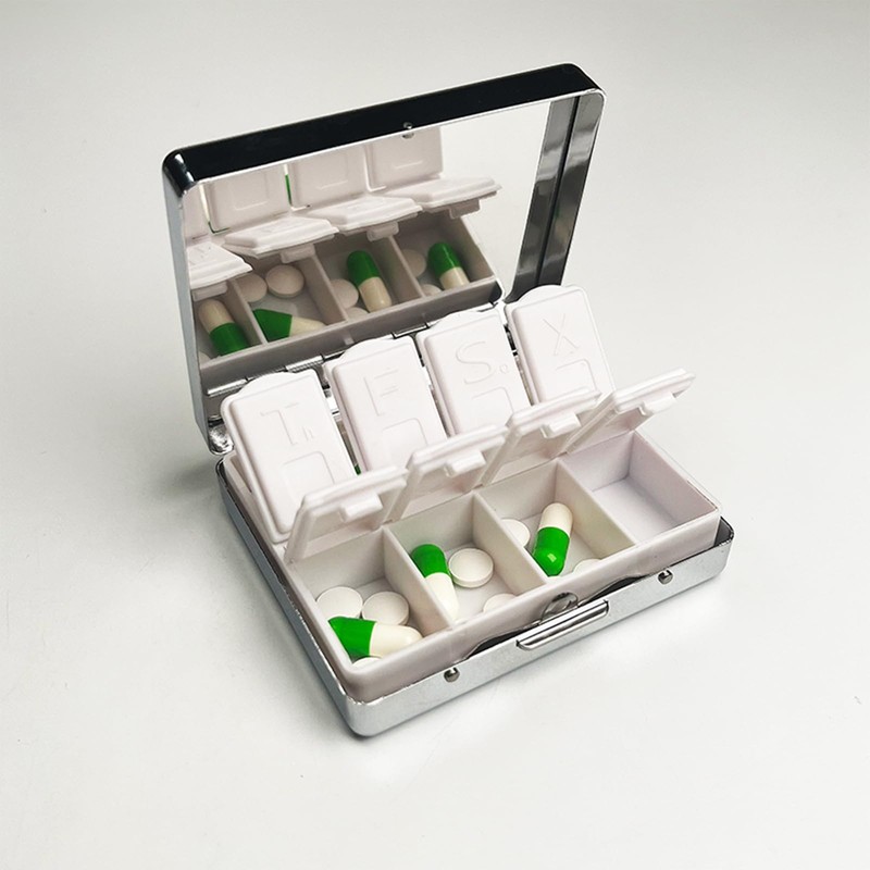 HowGuu 7 Days Chromed Shiny Silver Pill Organizer with Mirror