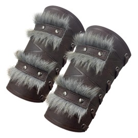 HiiFeuer Nordic Viking Barbarian Arm Guards, Medieval Faux Fur Cuffs, Vintage Faux Leather Bracers for LARP, Brown A