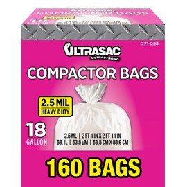 Ultrasac Compactor Bags - (160 Pack with Ties) 18 Gallon for 15 inch Compactors - 25" x 35" Heavy Duty 2.5 MIL Garbage Disposal Bags Compatible with Kitchenaid Kenmore Whirlpool GE Gladiator
