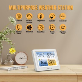 Raddy WM6 Weather Station with 2000mAh Rechargeable Battery, Wireless Indoor Outdoor Thermometer Hygrometer Barometer with Atomic Clock Weather Forecast for Home Use