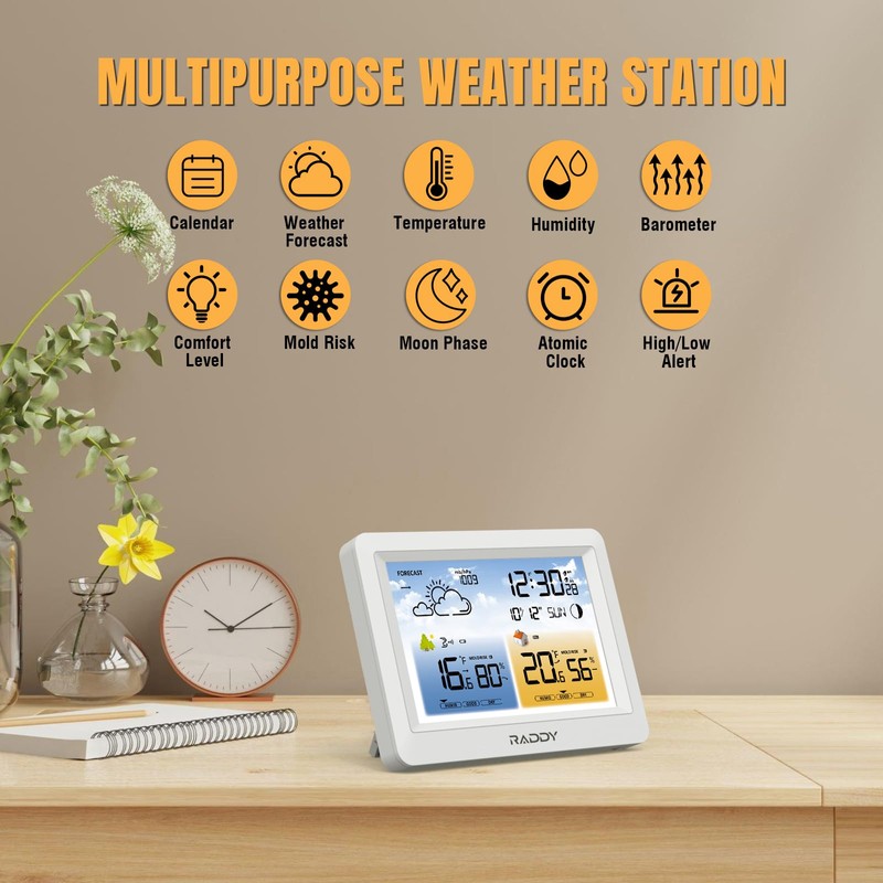 Raddy WM6 Weather Station with 2000mAh Rechargeable Battery, Wireless Indoor