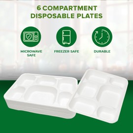 ECONX Bagasse 6 Compartment Food Tray Plate Compostable Plates Eco-Friendly Disposable Sugarcane Paper Trays for Restaurants, Parties, Special Events, and Other Types of Food Service (50)