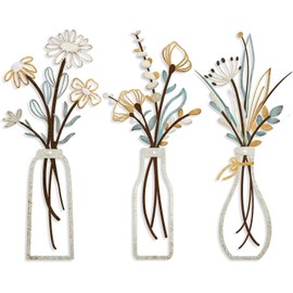 3 Pieces Metal Flowers Wall Arts, Rustic Farmhouse Decor Beige Minimalist Flower Wall Decors for Living Room Bathroom Bedroom Dining Room, Housewarming Gifts (Beige Gold)
