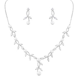 KBRPEY Wedding Jewellery Set Women's Necklace Bracelet Earrings in the Shape of a Leaf with Pearls and Zirconia Wedding Anniversary Gifts for Bride Women, Alloy Steel, No Gemstone