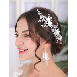 Teyglen 3pcs Flower Bride Wedding Hair Pins Pearl Bridal Hair Pins Clips Silver Leaf Crystal Hair Piece Decorative Hair Accessories White Flower Headpiece for Women Girls