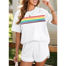 MYHALF Womens 2 Piece Short Sets Summer Outfits Rainbow Stripes Shirts 2025 Two Piece Lounge Set Matching Shorts