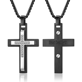 Gifts From Daughter For Dad Gifts From Wife Black Silver Cross Necklace With Rolo Chain For Men First Father's Day Gifts For New Dad Diamond Cross Pendant For Boyfriend Birthday Valentines Day