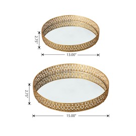 Glitzhome Set of 2 Oversized Round Gold Mirror Decorative Trays, Metal Vanity Jewelry Tray Perfume Dresser Tray, Elegant Hollow-Carved Jewelry Organizer Makeup Trays