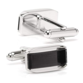 Ox & Bull Silver Rectangular Cufflinks with Dark Gray Cat’s Eye – Elegant Silver Tone Men’s Cuff Links with Bullet Back Closure – Formal Accessory in Gift Box