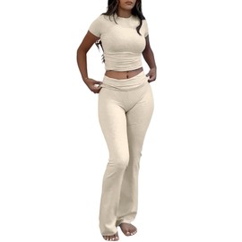 YETOWA Women's 2 Piece Lounge Outfits Slim Short Sleeve Tops Low Rise Flare Leggings Sets Yoga Sweatsuit, Khaki Short-sleeved Set, Small