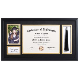 ELSKER&HOME 11x22 Diploma Frames with Tassel Holder for 8.5x11 Certificate Document Shadow Box, 4x6 Graduation Photo, Matte Black Frame, Degree Double Mat, Black with Gold Rim