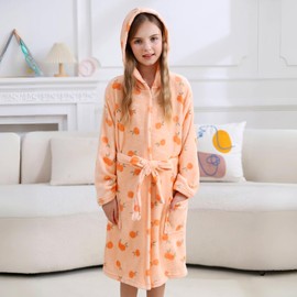 V.&GRIN Girls Fleece Hooded Robe, Kids Soft Plush Warm Printed Bathrobe Sleepwear Gifts for 5-14 Years（Coral Orange 11-12）