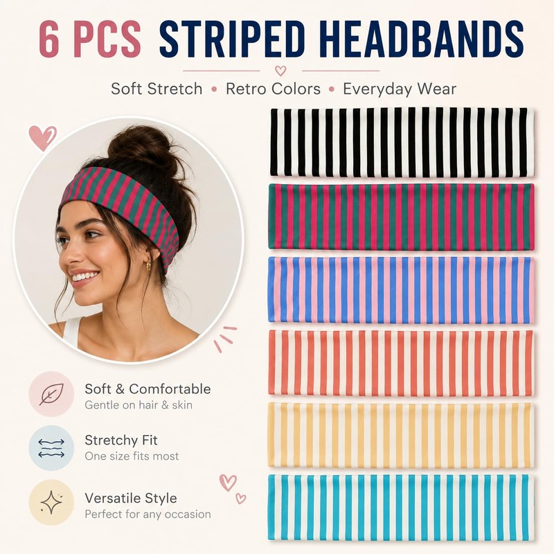 6 Pcs Striped Headbands for Women, Wide Non Slip Cloth