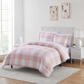 7 Piece Comforter Set Bag Solid Color All Season Soft Down Alternative Blanket & Luxurious Microfiber Bed Sheets, Full, Checkered Box Blush