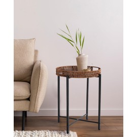 JYXIN 16.5in Round Rattan Side Table with Wooden Top，Small Round Wicker End Table，Wicker Patio Side Table，Rattan End Table for Indoor Use, Patio, Living Room, Bedroom, or Balcony