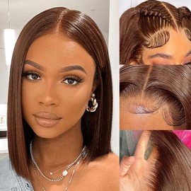Chocolate Brown Bob Wig Human Hair Wear and Go Glueless Wigs Human Hair Pre Plucked Pre Cut Bob Lace Front Wigs With Baby Hair 13X4 Straight HD Brown Blunt Cut Bob Lace Frontal Wig For Black Women
