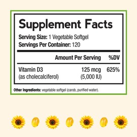 Doctor's Recipes Vitamin D3 5000IU, Immune Support for Bones, Teeth, and Immune Function, Non-GMO, No Gelatin, Gluten or Soy, 120 Vegetarian Softgels
