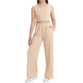 EXARUS Girls Matching Set Cute Two Piece Outfits Wide Leg Pants Lounge Set Crop Tank Top Elastic High Waist with Pockets Khaki 10Y