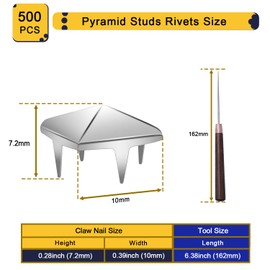 500Pcs 10mm Square Pyramid Studs for Clothing, Metal Claw Nailhead Spike Rivets Studs with Tool for Punk Rock Clothing Leather Shoes Bag DIY Craft Accessories (Silver)