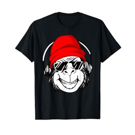 Monkey Red Cap Sunglasses Headphones Retro Hipster DJ Gifts T-Shirt