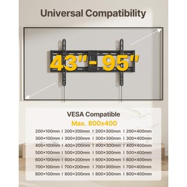 monTEK Heavy Duty Fixed TV Wall Mount for 43–95 Inch TVs, 1.1" Ultra Slim Low Profile Bracket, 200 lbs Capacity, Max VESA 800x400mm, Fits 16"/18"/24" Studs, Space-Saving for Large Flat & Curved TVs