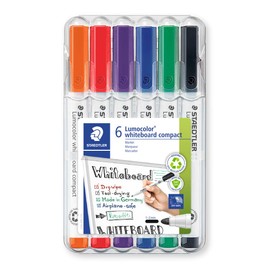 STAEDTLER 341 WP6 Lumocolor Compact Whiteboard Marker, 1-2mm Line Width - 6 Assorted Colours (Pack of 6 Pens)