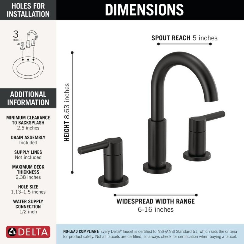 Delta Nicoli Matte Black Bathroom Faucet 3 Hole, 8 Inch